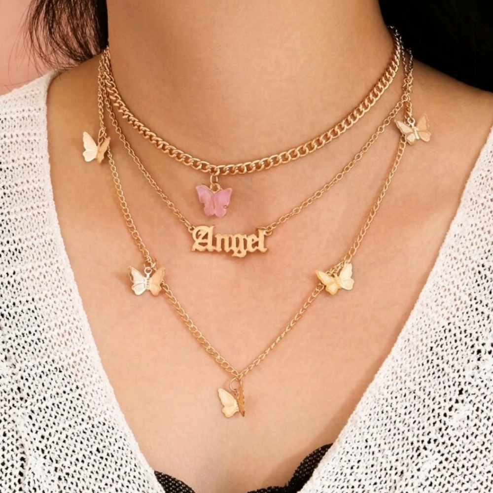 New Layered Butterflies Gold Tone Necklace